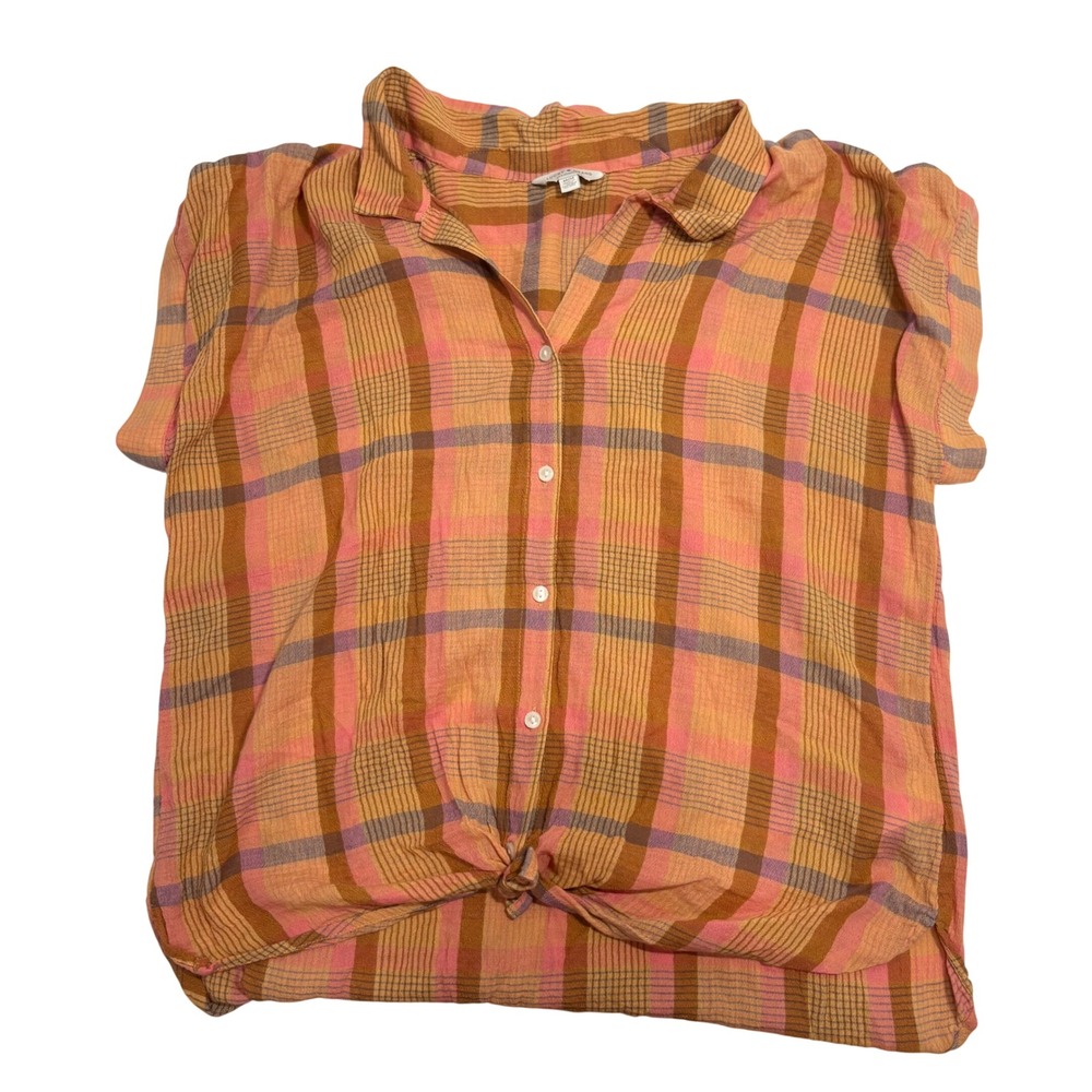 Lucky Brand Orange Pink Plaid Tie Front Button Down Top Womens Size Medium